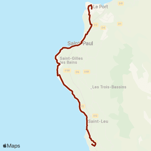 Kar'Ouest RDT Portail - Mairie de St-Leu - St-Gilles-les-Bains - Gare rout. de St-Paul - Pôle d'échange du Port map