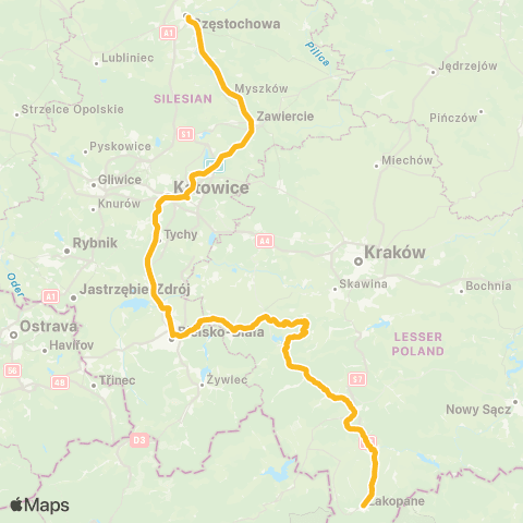 Koleje Śląskie Częstochowa — Katowice — Zakopane map