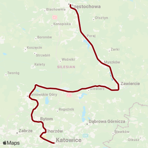 Koleje Śląskie Częstochowa — Pyrzowice Lotnisko — Bytom — Chorzów map
