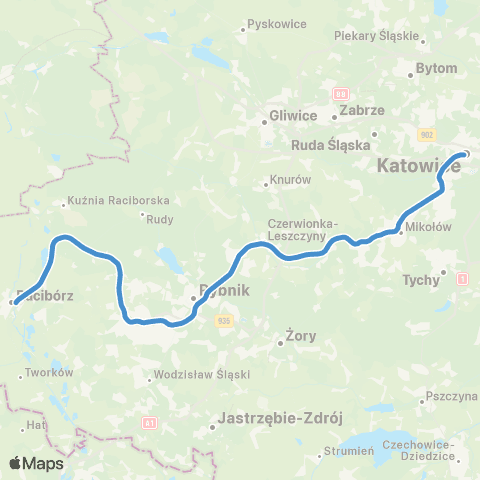 Koleje Śląskie Katowice — Rybnik — Racibórz map