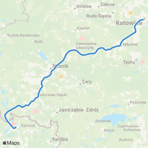 Koleje Śląskie Katowice — Rybnik — Wodzisław Śląski — Bohumín map
