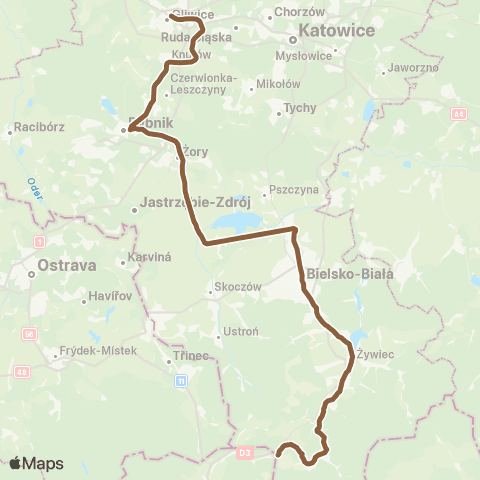 Koleje Śląskie Gliwice — Rybnik — Bielsko-Biała — Zwardoń map