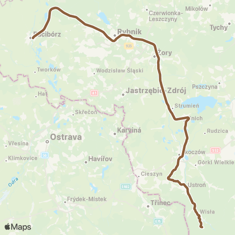 Koleje Śląskie Racibórz — Rybnik — Skoczów — Wisła map