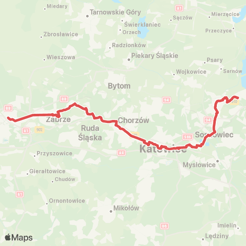 Koleje Śląskie Gliwice — Katowice — Częstochowa (Zastępcza Komunikacja Autobusowa) map