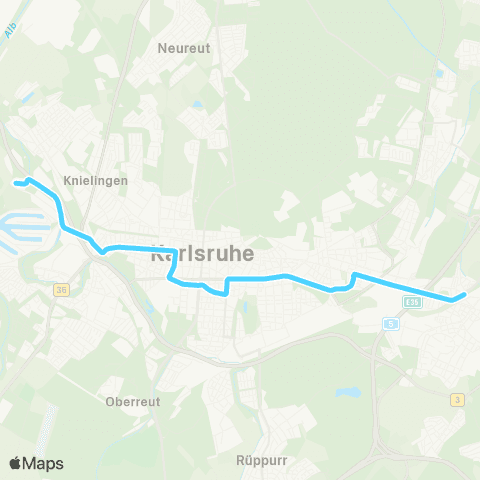 KVV 5 Rheinhafen (Umleitung) ↔︎ 5 Durlach Bf (Umleitung) map