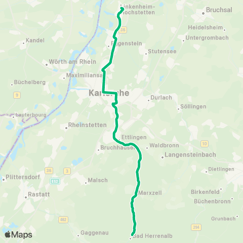 KVV S1 Hochstetten ↔︎ S1 Rüppurr Battstr. map