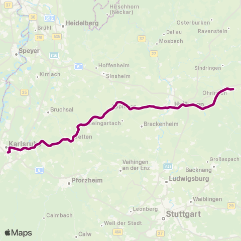 KVV Albtalbahnhof (Karlsruhe) ↔︎ Öhringen-Cappel map