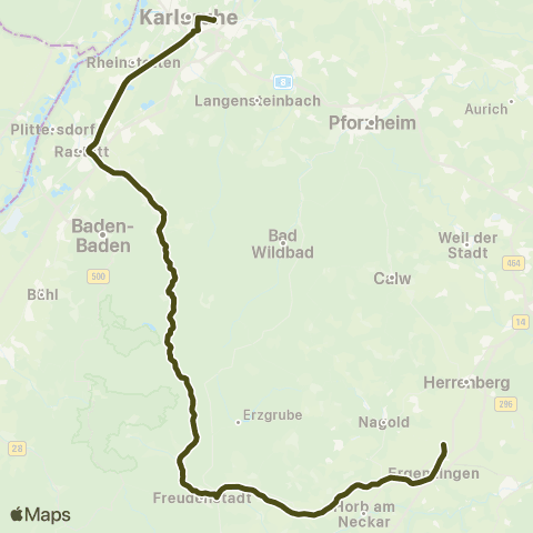 KVV S8 Freudenstadt Hbf ↔︎ Tullastr. map