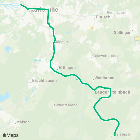 KVV S12 EILZUG Karlsruhe Rheinhafen ↔︎ S12 EILZUG Ittersbach Rathaus map