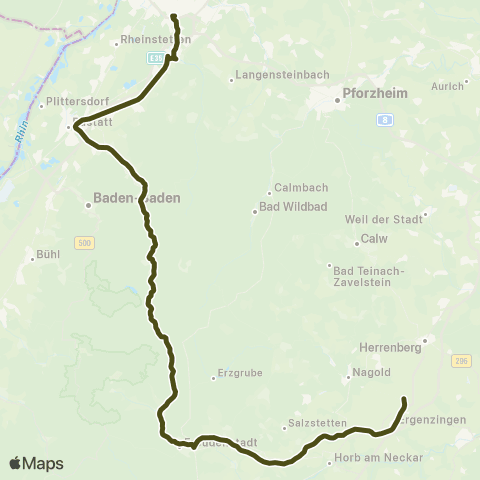 KVV Bondorf  ↔︎ Karlsruhe Hbf map