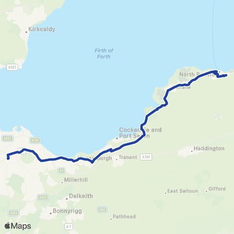 EastCoastbuses North Berwick - Edinburgh map