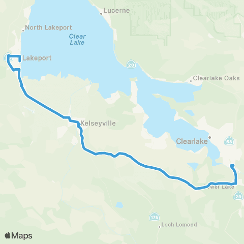 Lake Transit Authority Southshore, Clearlake to Lakeport map