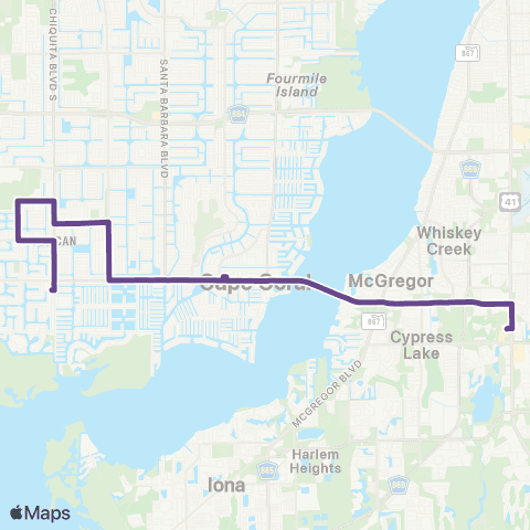 LeeTran Camelot Isles to S Ft Myers Transfer Sta map