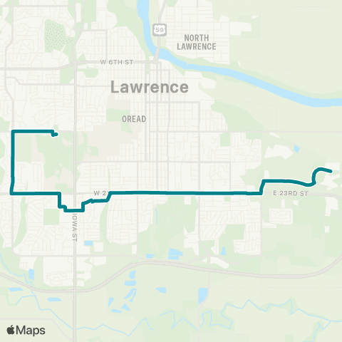 Lawrence Transit Central Station-East Hills via HINU map
