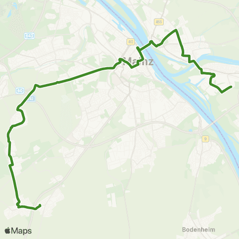 Mainzer Verkehrsgesellschaft Klein-Winternheim Bf ↔︎ Gustavsburg Bf map
