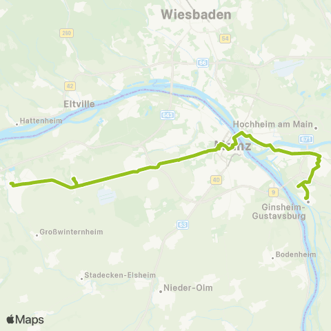 Mainzer Verkehrsgesellschaft Ingelheim Bf B ↔︎ Friedrich-Ebert-Pl. (Ginsheim) map