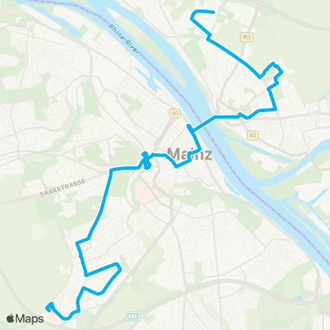 Mainzer Verkehrsgesellschaft Bretzenheim Südring  ↔︎ Mainz Hbf map