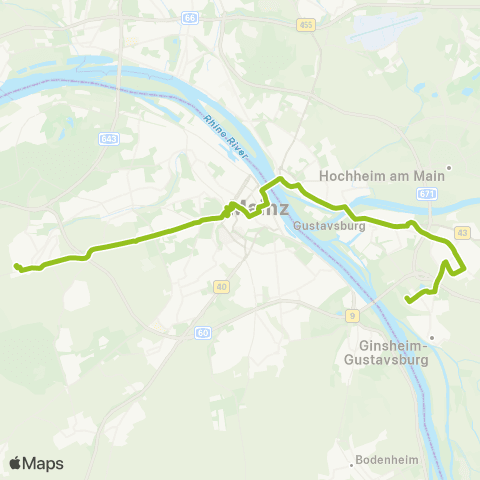 Mainzer Verkehrsgesellschaft Theodor-Heuss-str. (Finthen) ↔︎ Treburer str. (Bischofsheim) map