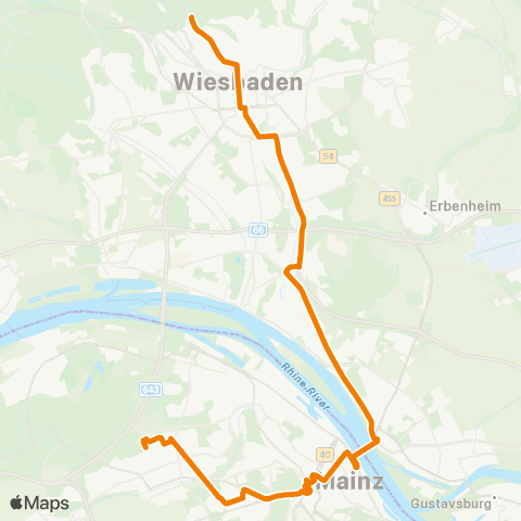 Mainzer Verkehrsgesellschaft Wildpark  (Gonsenheim) ↔︎ Wiesbaden Nordfriedhof map