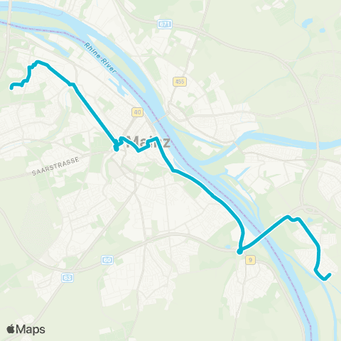 Mainzer Verkehrsgesellschaft Am Polygon  (Mombach) ↔︎ Neckarstr. (Ginsheim) map