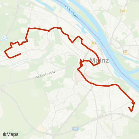 Mainzer Verkehrsgesellschaft Wildpark  (Gonsenheim) ↔︎ Friedrich-Ebert-Str  (Weisenau) map