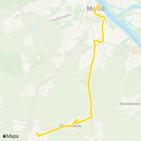 Mainzer Verkehrsgesellschaft Mühldreieck  (Hechtsheim) ↔︎ Hahnheimer str. (Zornheim) map