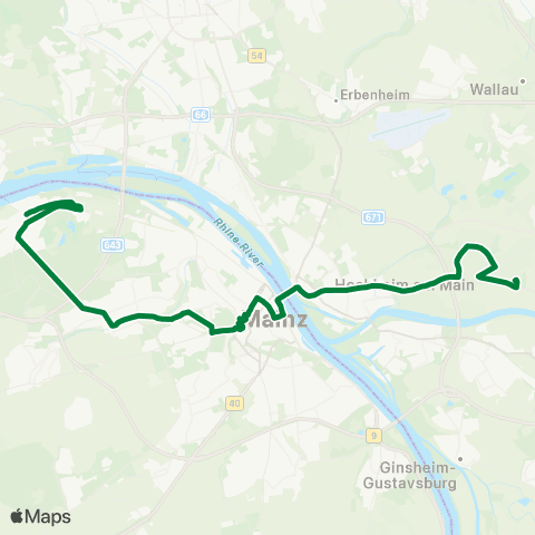 Mainzer Verkehrsgesellschaft Budenheim Bf ↔︎ Altenwohnheim (Hochheim) map