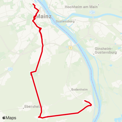 Mainzer Verkehrsgesellschaft Mühldreieck  (Hechtsheim) ↔︎ Lange Ruthe (Bodenheim) map