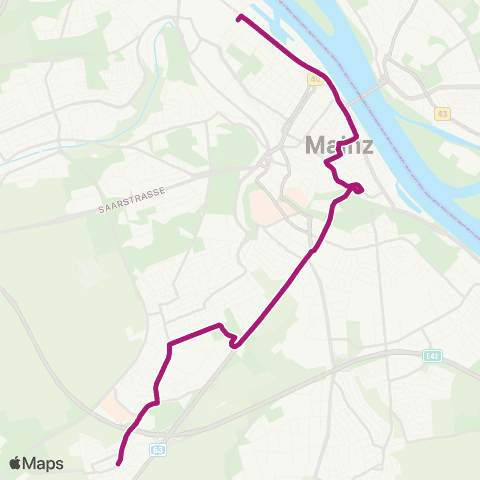 Mainzer Verkehrsgesellschaft str.nbahnamt  ↔︎ Marienborn Bf map