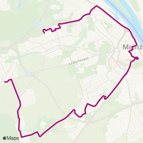 Mainzer Verkehrsgesellschaft str.nbahnamt  ↔︎ Poststr.  (Finthen) map