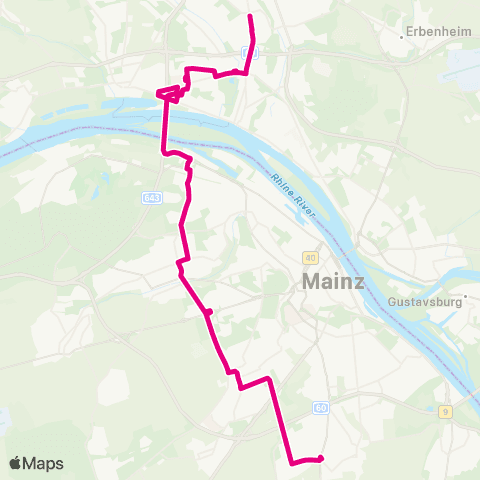 Mainzer Verkehrsgesellschaft Mühldreieck  (Hechtsheim) ↔︎ Wiesbaden Hbf map