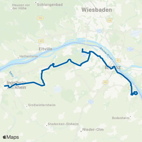 Mainzer Verkehrsgesellschaft Waldschwimmbad (Budenheim) ↔︎ Riedweg  (Laubenheim) map