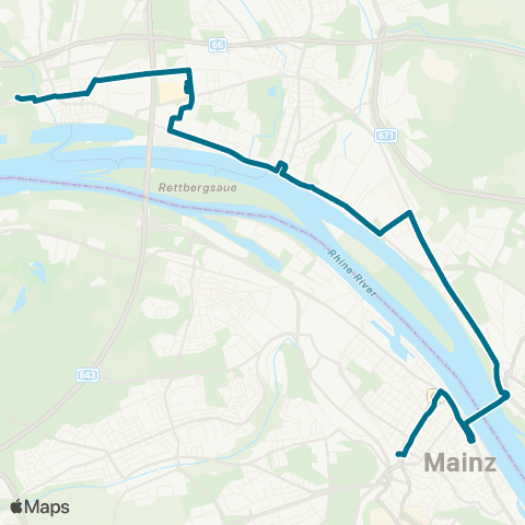 Mainzer Verkehrsgesellschaft Mainz Hbf  ↔︎ Oderstr. (Schierstein) map