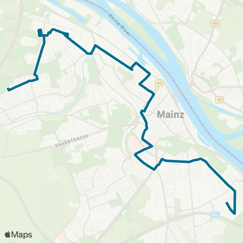 Mainzer Verkehrsgesellschaft Wildpark  (Gonsenheim) ↔︎ Friedrich-Ebert-Str  (Weisenau) map