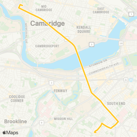 MBTA Harvard Square - Dudley Sta via BU Med map