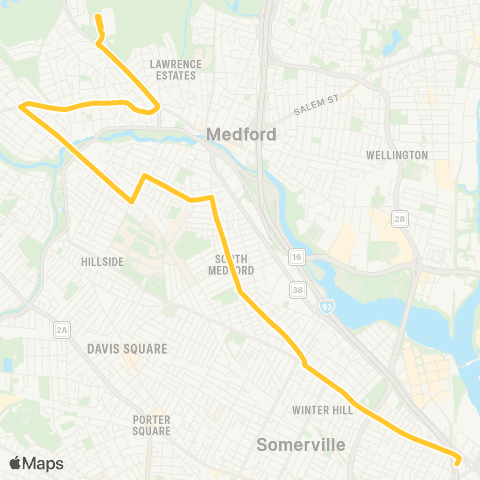 MBTA Malden Ctr Sta - Sullivan Sta via Winter Hill map