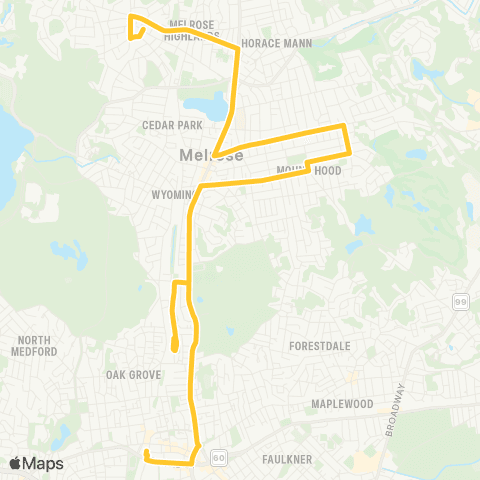 MBTA Melrose Highland - Oak Grove Sta via E Side map