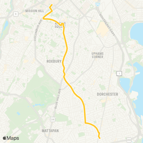 MBTA Ashmont Sta - Ruggles Sta via Washington map