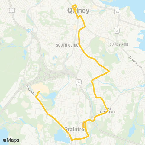 MBTA Quincy Ctr - S Shore Plaza via Braintree map