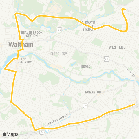 MBTA Waverley Sq. - Federal & Franklin Sts. map