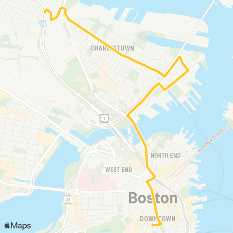 MBTA Sullivan Sta - Downtown via Bunker Hill map