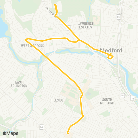 MBTA Medford Sq - Davis Sq via West Medford map
