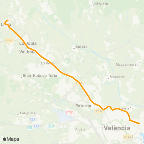 Metrobús Llíria - Universitats map