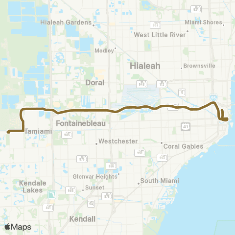 Miami-Dade Transit Tamiami Park-and-Ride to Downtown map
