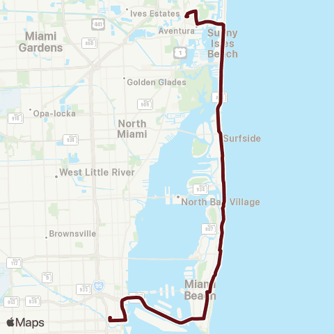 Miami-Dade Transit Downtown-Aventura Mall via Miabeach map