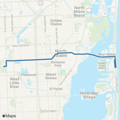 Miami-Dade Transit MDC North to Miami Beach via 125 St map