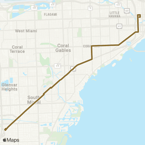 Miami-Dade Transit Dadeland South-Downtown via US 1 map