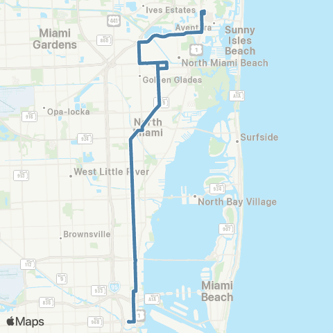 Miami-Dade Transit Aventura-Downtown via NE 2 Ave map