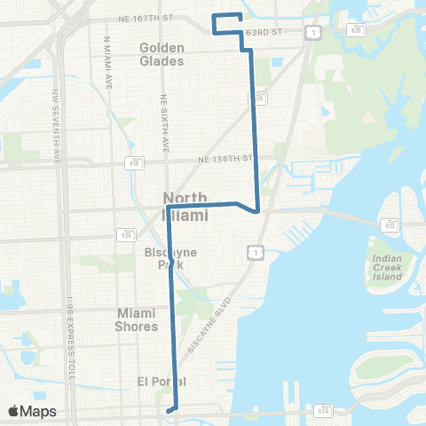 Miami-Dade Transit 163 St - 79st via NE 6av & NE 16av map