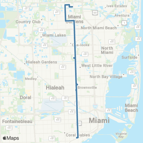 Miami-Dade Transit Coco Grove-MIA Gardens via NW 27 Av map